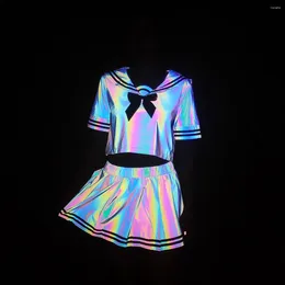 Work Dresses Japanese Style Colorful Reflective T-shirt Pleated Skirt 2 Piece Sets Women Outfit Night Club Party Sexy Cosplay Sailor Uniform