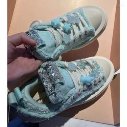 Casual Shoes Thick Sole Canvas Women's Round Toe Sports Board Sequins Decor Blue Pink Color Female Girls