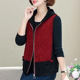 Women's Vests 2024 Spring Autumn Vintage Korean Style Print Corduroy Fashion Casual Female Zipper Waistcoat Coats X60