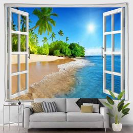 Tapestries Simulation Window Beach Forest Outdoor Tapestry Tropical Seaside Scenery Bohemian Psychedelic Art Home Living Room Bedroom Mural