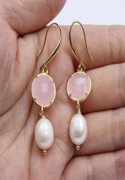 GuaiGuai Jewelry Natural Pink Glass Crystal White Rice Pearl Gold Plated Hook Earrings Handmade For Girls1315128