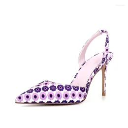 Dress Shoes Flowers Pattern Ladies Printings Back Strap Thin High Heels Sandals Pointed Toe Purple Women's Pumps Belt Femme Sandalias