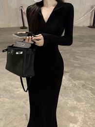 Casual Dresses Vintage Black Bodycon Dress Retro Evening Party Elegant Wrap Long Sleeve For Women 2024 Autumn Fall V-neck Polo