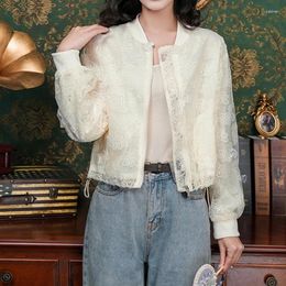 Women's Jackets Spring And Autumn Long Sleeved Stand Collar Office Lady Coat White Lace Embroidered Flowers Women Outerwear
