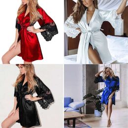 Lace Women Sexy Sleepwear Mid Sleeve Night Gown Bathrobes Silky Satin Robes Thin Pamas Exotic Apparel Belt Nightdress 240408 dress