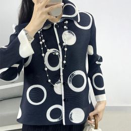 Women's Blouses Miyake Pleated Top 2024 Spring Loose Casual Long-sleeved Printed Colour Block T-shirt Versatile