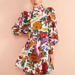 Basic Casual Dresses Designer Dress New Fashion Printed Flower Slim Fit Belt Style Temperament Dress