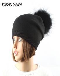 Women winter wool knitted hats pompom beanie natural fox fur pompons hat solid color causal hat cap D181101023034875