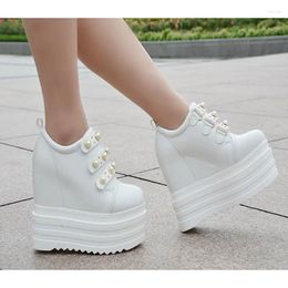 Casual Shoes 14CM Women High Platform Autumn Breathable Leather Height Increasing 13 CM Thick Sole Ladies Sneakers