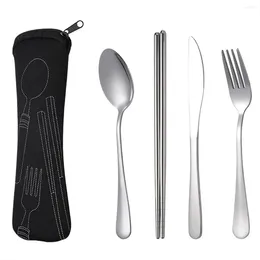 Dinnerware Sets 4Pcs Set Portable Stainless Steel Spoon Fork Steak Knife Travel Cutlery Tableware With Bag Black