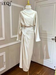 Casual Dresses Women Dress Solid Long Sleeve Asymmetric Lacing Silkly High Waist Satin Style 2024 Autumn Fashion Clothing 3WM705