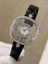 Wristwatches Silver Diamond-set Steel Transparent Case Dial Active Diamond Leather Quartz Watch 2024 Women's Fashion Luxury