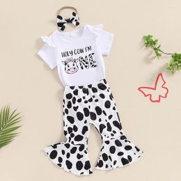 Clothing Sets Baby Girl 1st Birthday Outfit Letter Print Short Sleeve Romper With Cow Pattern Flare Pants And Headband