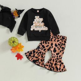 Clothing Sets Toddler Girls Fall Outfits Letter Print Crew Neck Long Sleeve Sweatshirts Leopard Flare Pants 2Pcs Halloween Clothes Set