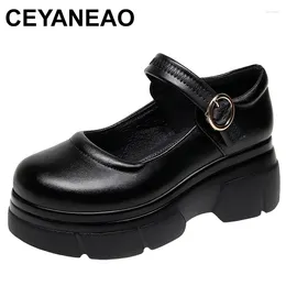 Dress Shoes Round Toe Cowhide Lacquer Leather Women High Heel Platform Non-slip Comfortable Heightening Black