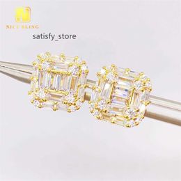 New Styles Hip Hop Jewellery Manufacturer Baguette Cut Moissanite Pass Diamond Tester Silver Iced Out Earring Studs for Unisex