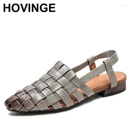 Casual Shoes Genuine Leather Woven Thick Heels Women Summer 2024 Vintage Handmade Comfort Round Toe Low Heeled Sandals