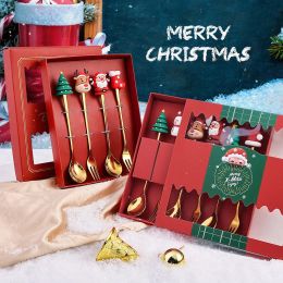 Sets 6/4/2PCS Christmas Gift Glod Spoon Fork Set Elk Christmas Tree Decoration Dessert Scoop Fruit Fork Coffee Spoon Cutlery Set