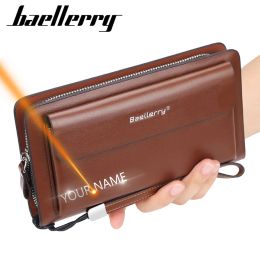Purses Free Customised Men Clutch Wallets Name Engraving Large Capacity Phone Pocket Double Zipper Men Clutch Bag Fashion Male Wallet