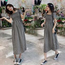 Maternity Dresses Summer Pregnant Womens Dress Cotton Korean Plain Pattern Ultra Thin Vest Casual Square Collar Mid calf Clothing Q240427