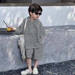 Clothing Sets 2024 Summer Boys Loose Stripe Clothes Cotton Short Sleeve Hoodies And Shorts 2pcs Outfits