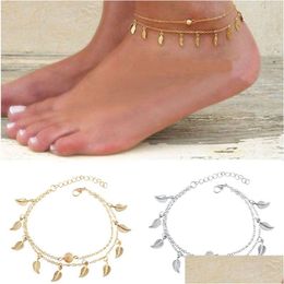 Leaf Charm Anklets Real Pos Chain Ankles Bracelet Fashion 18K Gold Alloy Ankle Bracelets Foot Jewellery Drop Delivery Dhcdi