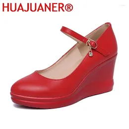 Dress Shoes 2024 Spring Autumn Women Wedges High Heel Red Black White Thick Platform Pumps Soft Leather Vintage Casual A0003