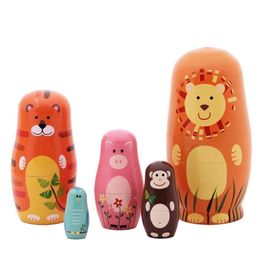 5pcs Nesting Dolls Handmade Wooden Cute Cartoon Zoo Animals Pattern 6 287e