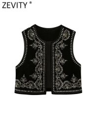 Waistcoats Zevity Women Vintage O Neck Sequins Flower Embroidery Short Vest Jacket Ladies Sleeveless Casual Velvet WaistCoat Tops CT3020