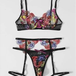 Sexy Women's Embroidered Printed Hollow Perspective Underwear Three Piece Set