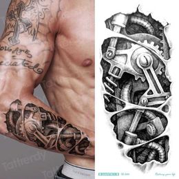 Tattoo Transfer Black Stylish 3D New Mans Half Sleeve Arm Temporary Totem Tattoo Stickers Mechanical Body Art Tatoos for Boys Mens Armband 240426
