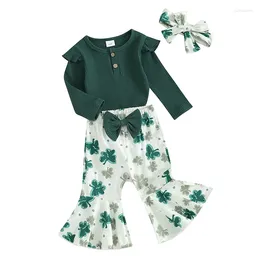 Clothing Sets Pudcoco Infant Baby Girl Irish Festivals Clothes Long Sleeve Romper With Shamrock Print Flare Pants Bow Headband Outfit 0-18M
