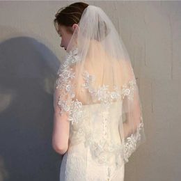 Wedding Hair Jewellery Wedding Lace Short Sparkle Waist 2 Tier Soft Tulle Bridal Veils with Comb White Ivory