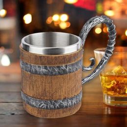 Mugs Simulation Wooden Barrel Mug Double Wall Wood Style Beer Portable Durable Resin Stainless Steel Retro For Home Ornament