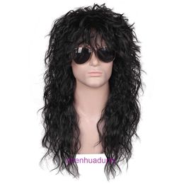 Mens hair long curly 80s punk heavy metal wig Halloween full head cover