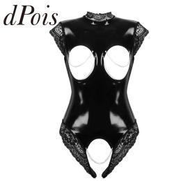 Enhancer Womens Onepiece Wet Look Patent Leather Sexy Lingerie High Neck Sleeveless Open Breast Crotchless Lace Trimmed Leotard Bodysuit