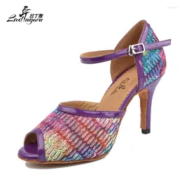 Dance Shoes Ladingwu Multicoloured Lace And Purple Pu Zapatos De Baile Latino Mujer Ballroom Competition Heel 6/7.5/8.52/10cm