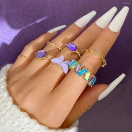 Cluster Rings 2024 Adjustable Ring Trend Personalised Fashion Light Luxury Purple 7 Pcs/Set Crystal For Women Jewellery Woman Gift