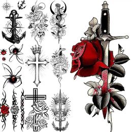 Tattoo Transfer Watercolour Flower Dagger Temporary Tattoos For Adults Men Anchor Cross Crown Tatoos Spider Snake Fake Tattoo Sticker Body Arm 240427