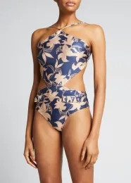 Suits Sexy Featured One Piece Women's Swimwear Bikini Cross Strap Design Blue Lily Flower Print Backless Waistless Cropped 2023