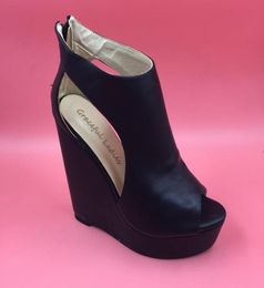Black Soft Leather Women Wedge High Heels Open Toe Thick Platform Open Toe Open Heels Comfortable Shoes True to US Size 4157759745