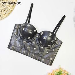 Women's Tanks SXTHAENOO 2024 Summer Fashion Tops Sexy PU Leather Sling Women Black Star Corset Bustier Bra Night Club Party Cropped Top