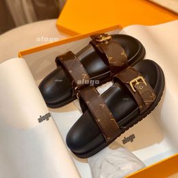 Luxury Bom Dia Genuine Leather sandal Slipper Casual Shoe summer beach gladiator Mules hasp New womans Flat Slide Designer Sliders platform sandale 35-45