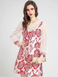 Casual Dresses Fashion Designer Summer Vestidos Women's Lace Lantern Sleeve Beading Floral Embroidery Short Party Dress