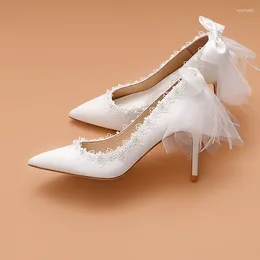 Dress Shoes Main Wedding Stiletto High Heels Satin Cloth Bride Pumps White Chiffon Bowknot Lace Flowers Pearl Pointed Toe