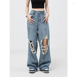 Women's Jeans Vintage Blue Ripped High Waist Iron Chain Straight Mopping Pants Fashion Street Baggy Thin Wide Leg Denim Trouser Summer