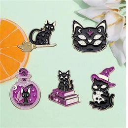 Magic Cat Metal Badge Alloy Halloween Brooch Purple Hat Potion Witch Black Cat Animal Cute AB207