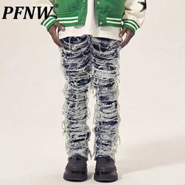 Men's Jeans PFNW Spring/Summer New American Retro Street Fashion Denim Hole Original Edge Casual and Unique Straight Fit Pants 28A1011 Q240427