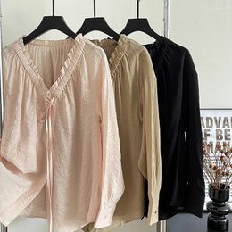 Women's Blouses Elegant Women Casual Tops Shirt String Folds V-neck Long Sleeve One Breasted Soft Female Spring Summer Versatile Clothes