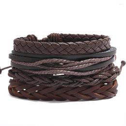 Charm Bracelets Men's Multilayer Leather Bracelet Set Jewelry Fashion Rope Braided Twine Pull Brown 4 Pcs/set